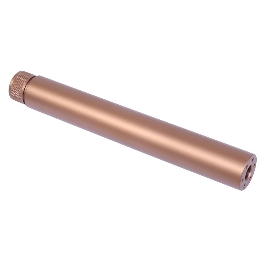 Anodized bonze firearm fake suppressor with knurled grip, precision design, and perforated end that functions as a barrel extension