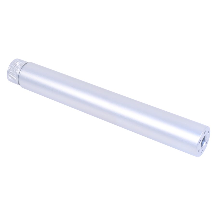 Sleek anodized aluminum firearm fake suppressor with knurled cap, polished finish, and gas expansion ports.