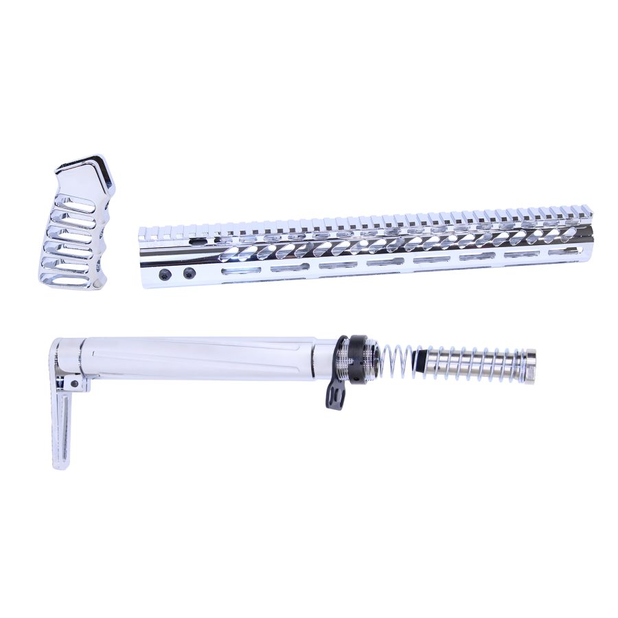 Chrome AR rifle parts: polished grip, ventilated handguard, folding stock; high-end aftermarket components.