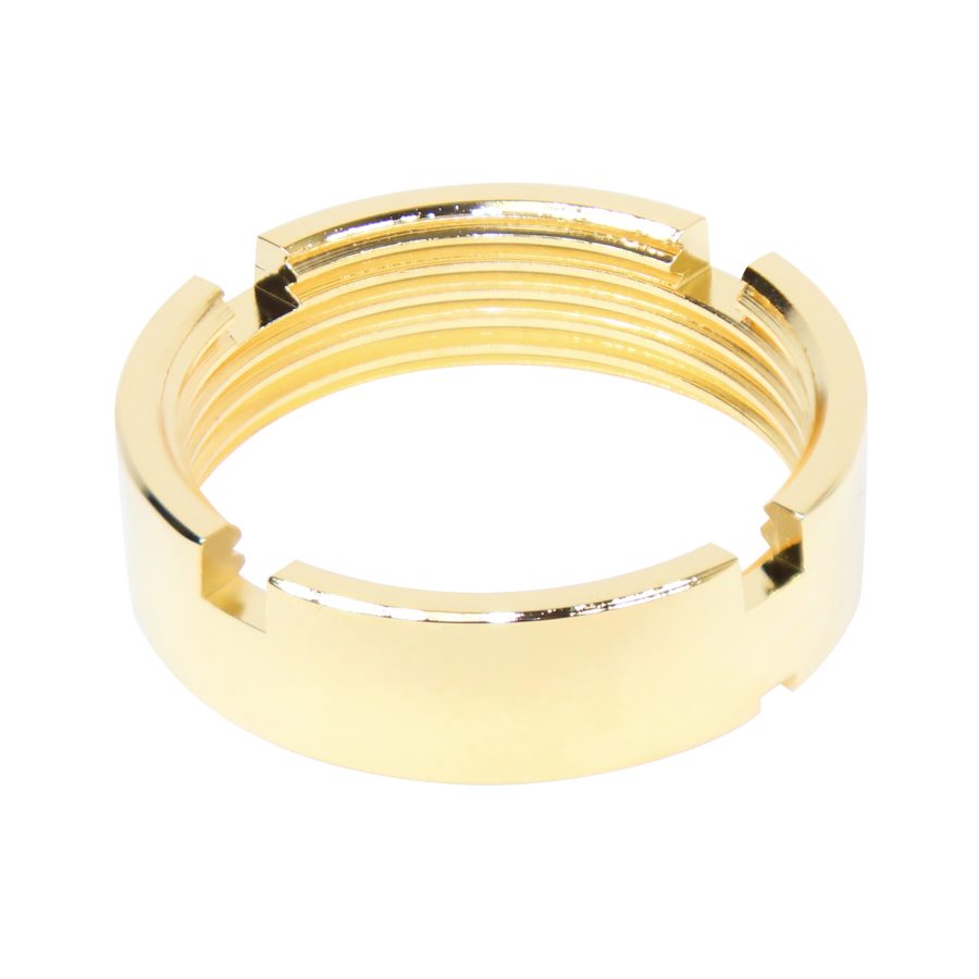 Gold-toned precision locking ring with threading, for high-end equipment, glossy and industrial design.