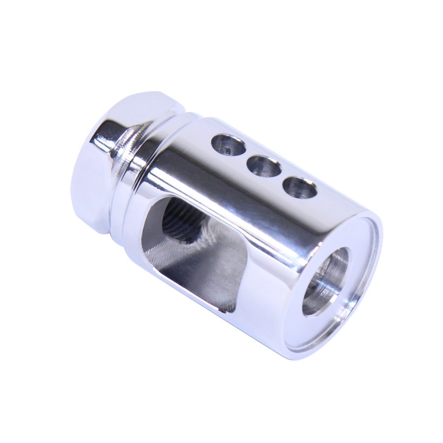 Precision-machined muzzle brake: polished finish with ports for reducing firearm recoil.