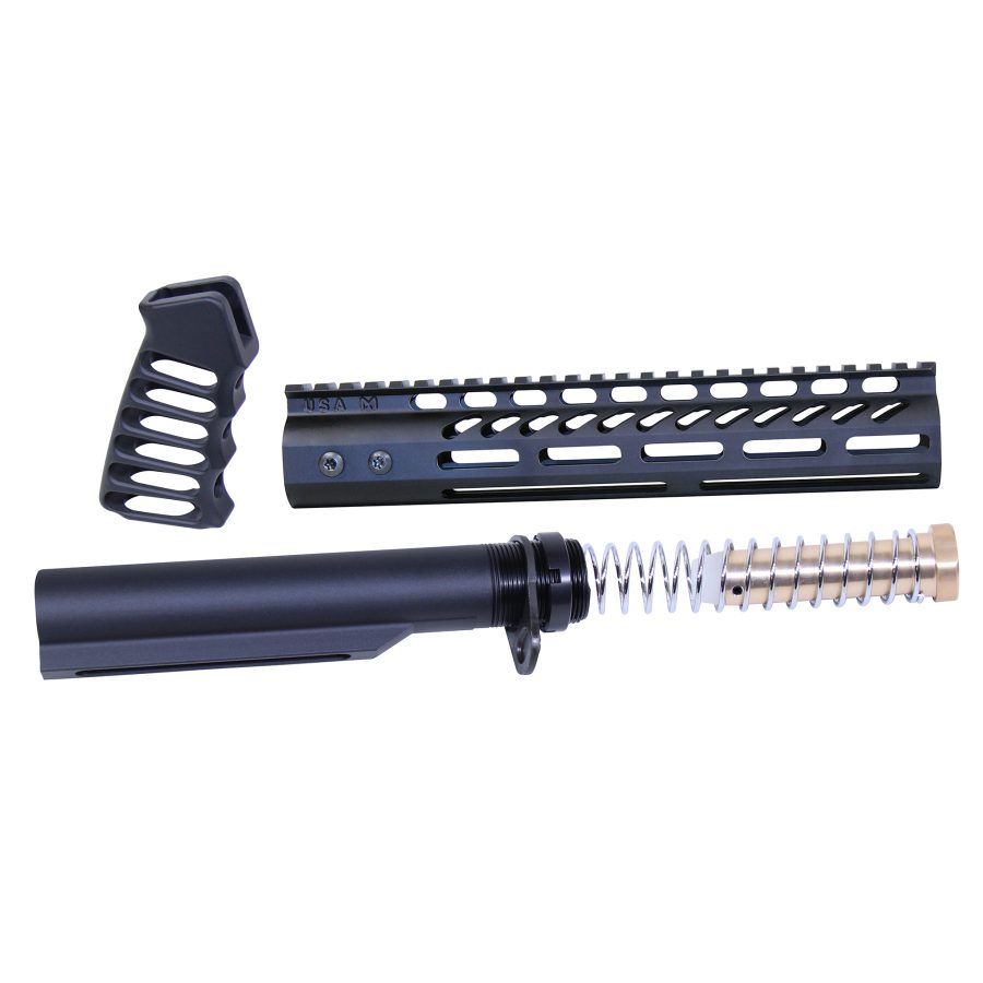 AR rifle parts: handguard, buffer tube, and ergonomic grip on white background.