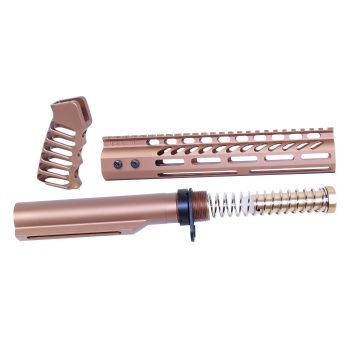 Rose gold rifle accessories: handguard, buffer tube, ergonomic grip for customization and performance.