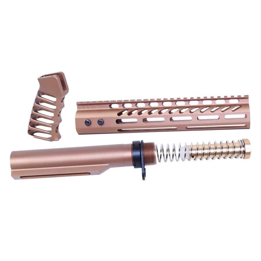 Rose gold rifle accessories: handguard, buffer tube, ergonomic grip for customization and performance.