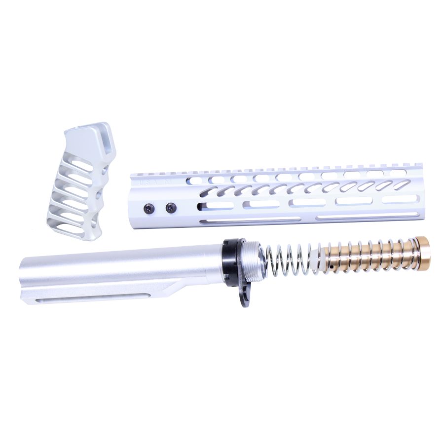 Custom white AR-15 components: buffer tube, aluminum handguard, ergonomic foregrip for high-performance builds.