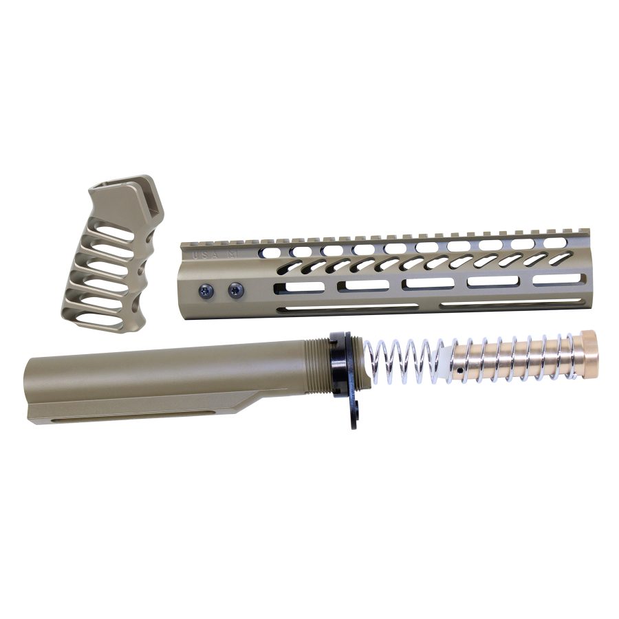 Tactical tan AR-15 parts: pistol grip, M-LOK handguard, buffer tube with spring.