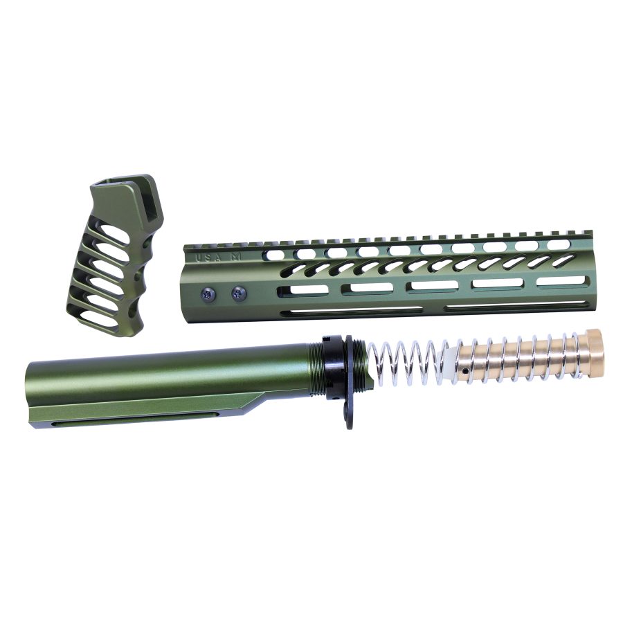 Olive green AR-15 rifle accessories: ergonomic grip, ventilated handguard, and buffer tube with spring.