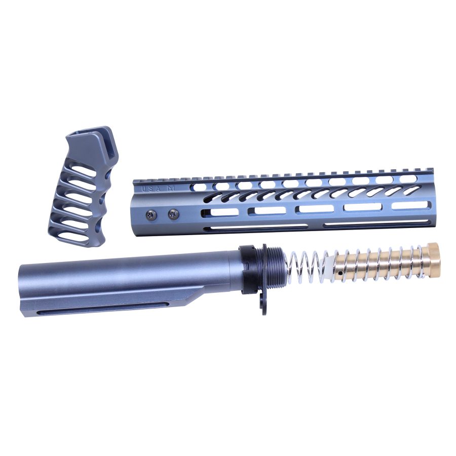Blue-gray AR-15 accessories: handguard, foregrip, buffer assembly; customizable rifle parts.