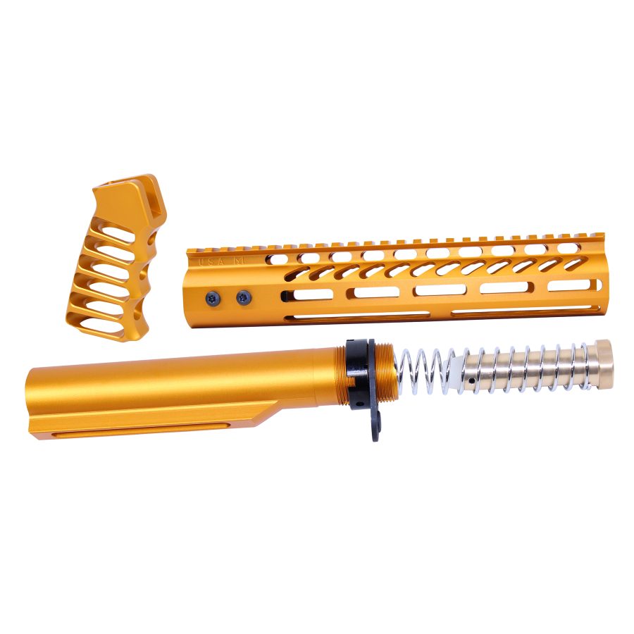 Gold anodized AR rifle components: handguard, pistol grip, buffer tube with blue screws.