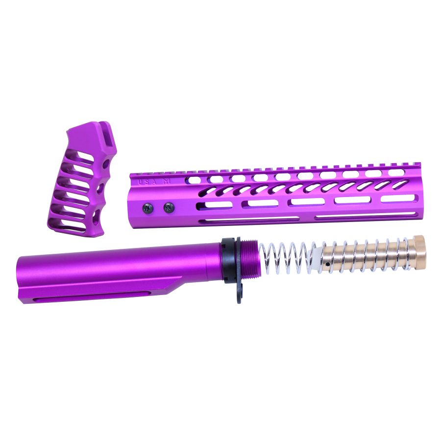 Purple rifle customization kit with ergonomic grip, ventilated handguard, and buffer tube.