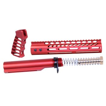 Red anodized AR-style rifle parts on white background: handguard, buffer tube, pistol grip.
