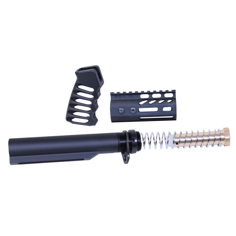 AR-15 Rifle Parts: Buffer Tube, Ergonomic Grip, Handguard Rail System on White Background.