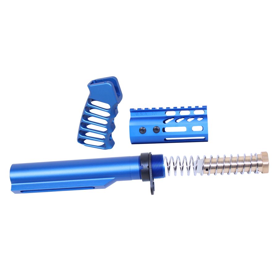 Anodized blue AR-15 parts: buffer tube, pistol grip, and rail system for firearm customization.