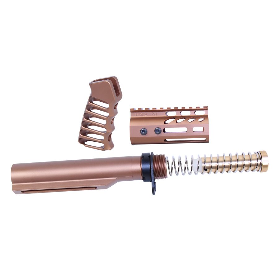 Bronze Rifle Accessories: Buffer Tube, Handguard, Pistol Grip for AR-Style Customization.