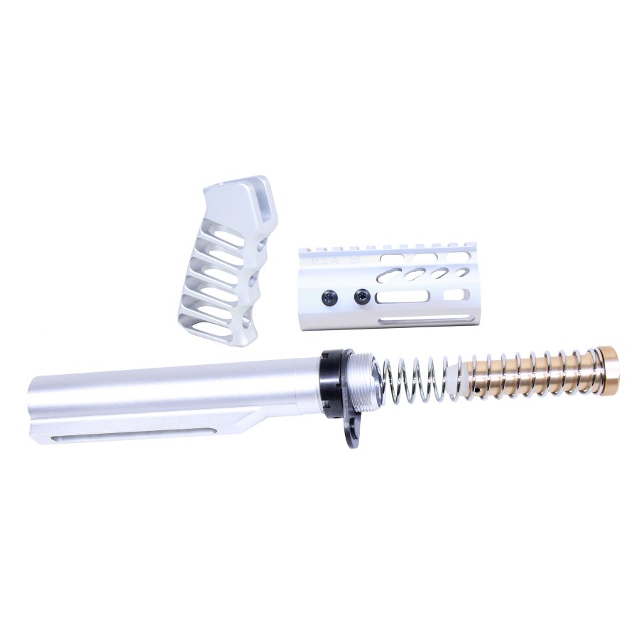 Modern white/silver firearm kit with buffer tube, ergonomic grip, and tactical handguard.