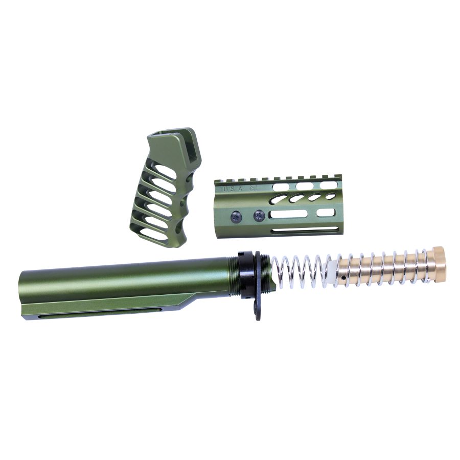 Olive green AR-15 parts kit with buffer tube, pistol grip, and U.S.A.M. handguard.