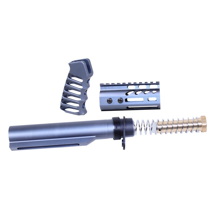 Bluish-gray AR-style firearm parts: buffer tube, grip, and handguard for tactical customization.