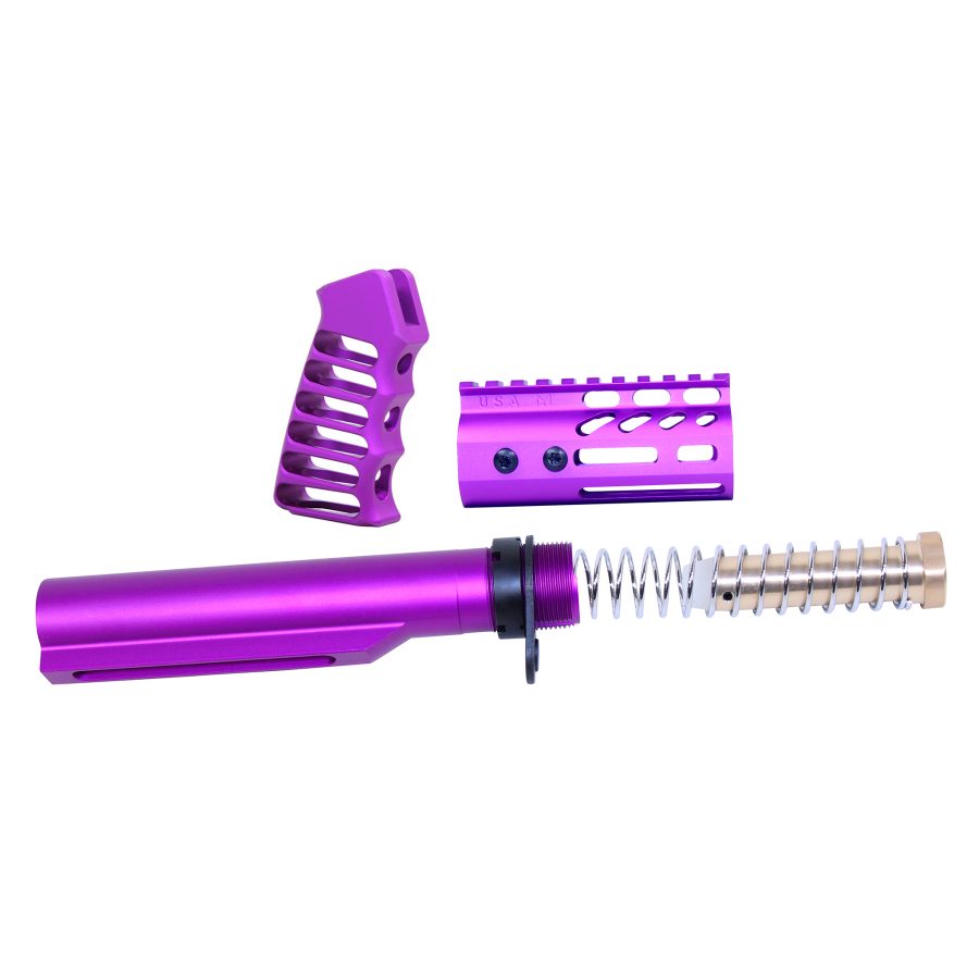 Vibrant purple anodized AR firearm parts set on a white background, including buffer tube and grip.