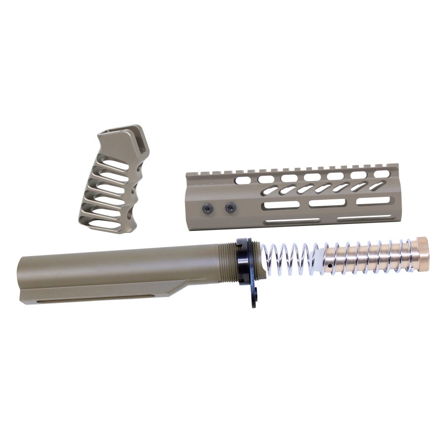 Tan FDE firearm parts: buffer tube, handguard with Picatinny rail, ergonomic pistol grip.