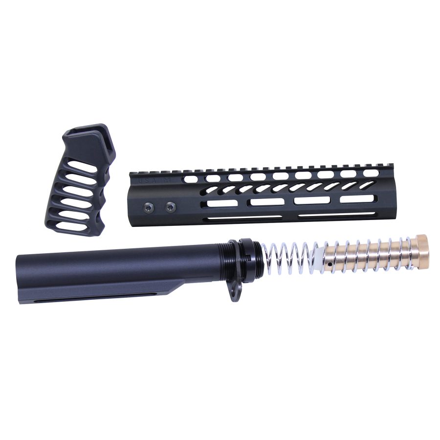 Matte black AR-15 customization parts: pistol grip, M-LOK handguard, buffer tube.