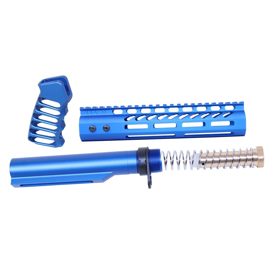 Blue anodized AR rifle parts: grip, handguard, buffer tube, optimized for aesthetics and performance.