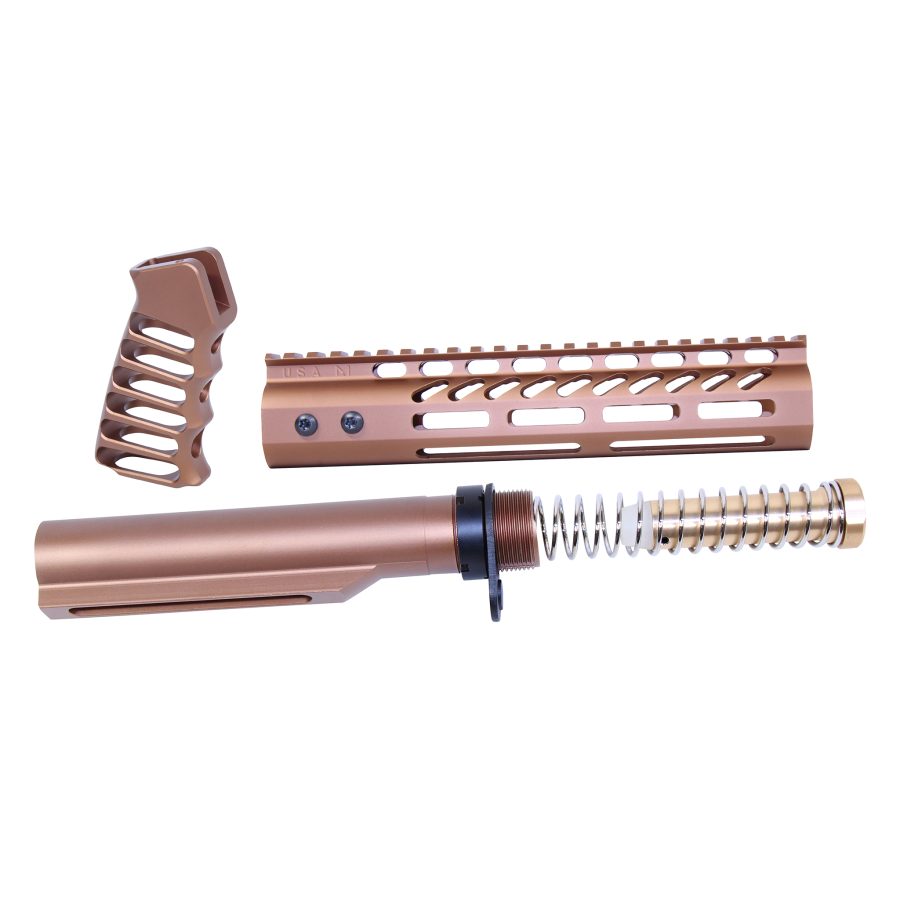 Bronze rifle parts: handguard, buffer tube, pistol grip; modern sporting rifle accessories.