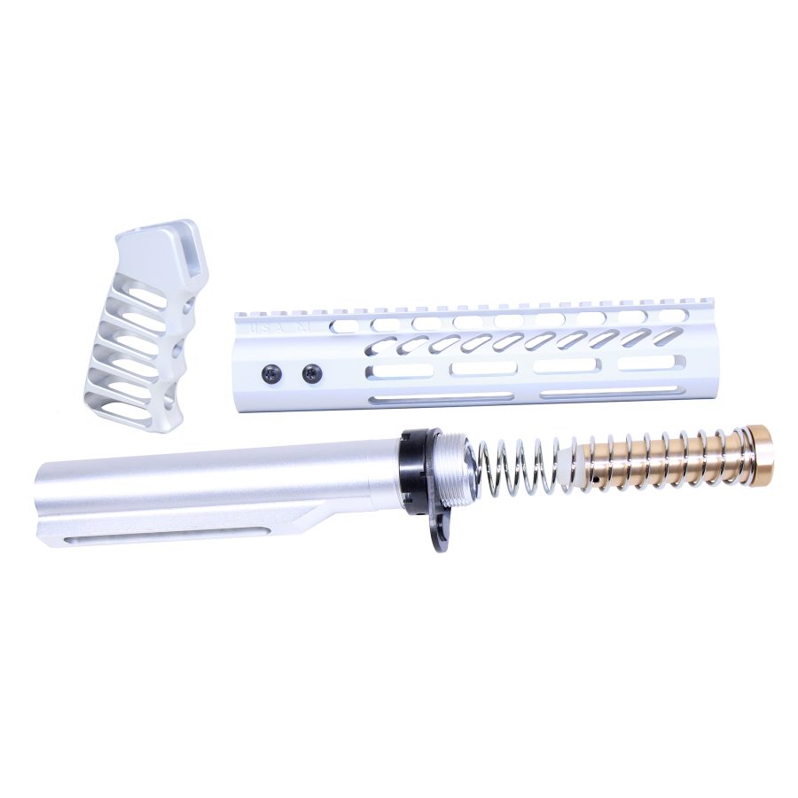 Custom silver AR rifle parts display: buffer tube, handguard, pistol grip on white background.