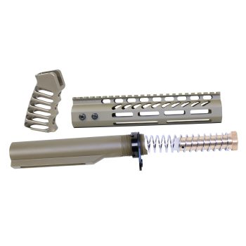 Tan FDE AR-15 parts: ergonomic grip, M-LOK handguard, buffer tube, spring on white background.