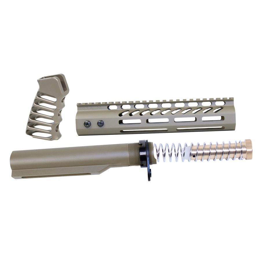 Tan FDE AR-15 parts: ergonomic grip, M-LOK handguard, buffer tube, spring on white background.