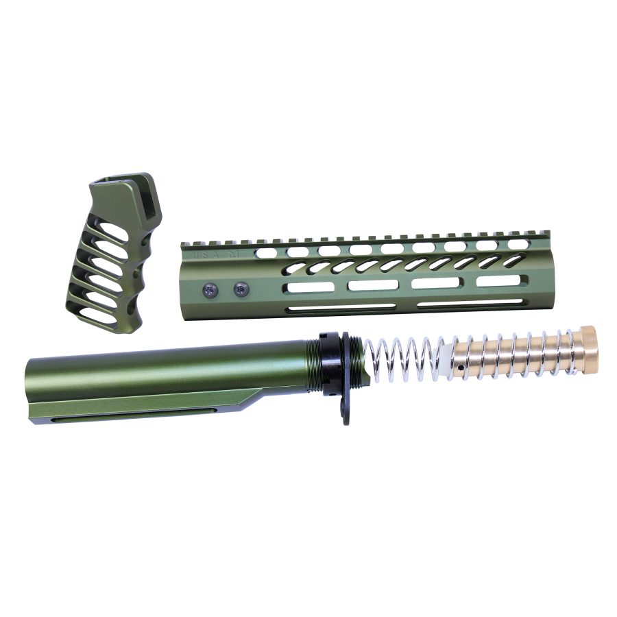 Olive green AR-15 parts for customization: grip, handguard, and buffer tube on white background.