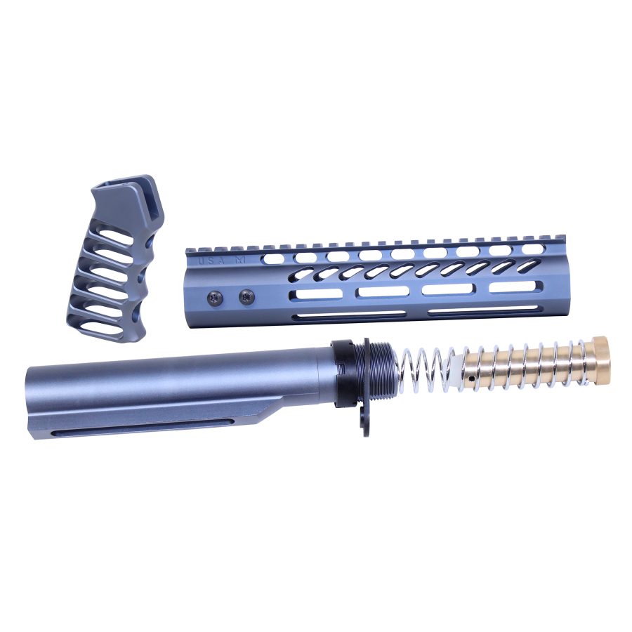 Disassembled blue-gray tactical rifle accessories: buffer tube, spring, foregrip, U.S.A. marked rail.