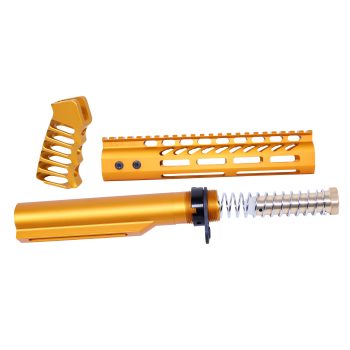 Gold-anodized rifle accessories set: handguard, buffer tube, and ergonomic grip for customization.