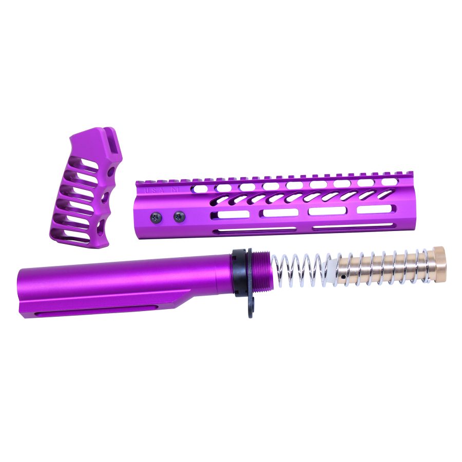 Purple anodized firearm parts: grip, handguard, buffer tube; for customization.