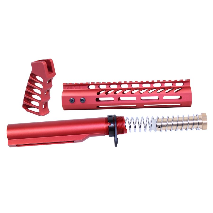 Red anodized AR-style rifle parts: pistol grip, handguard, buffer tube for customization.