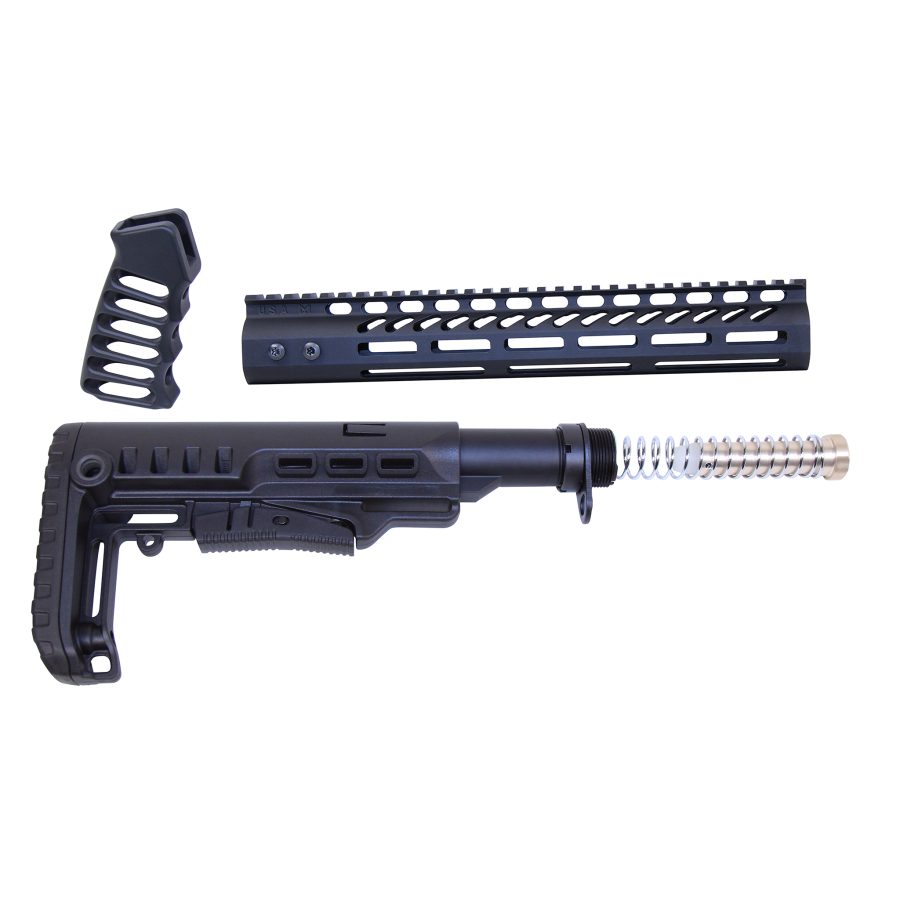 Modern firearm accessories: foregrip, rail handguard, collapsible buttstock, designed for customization.