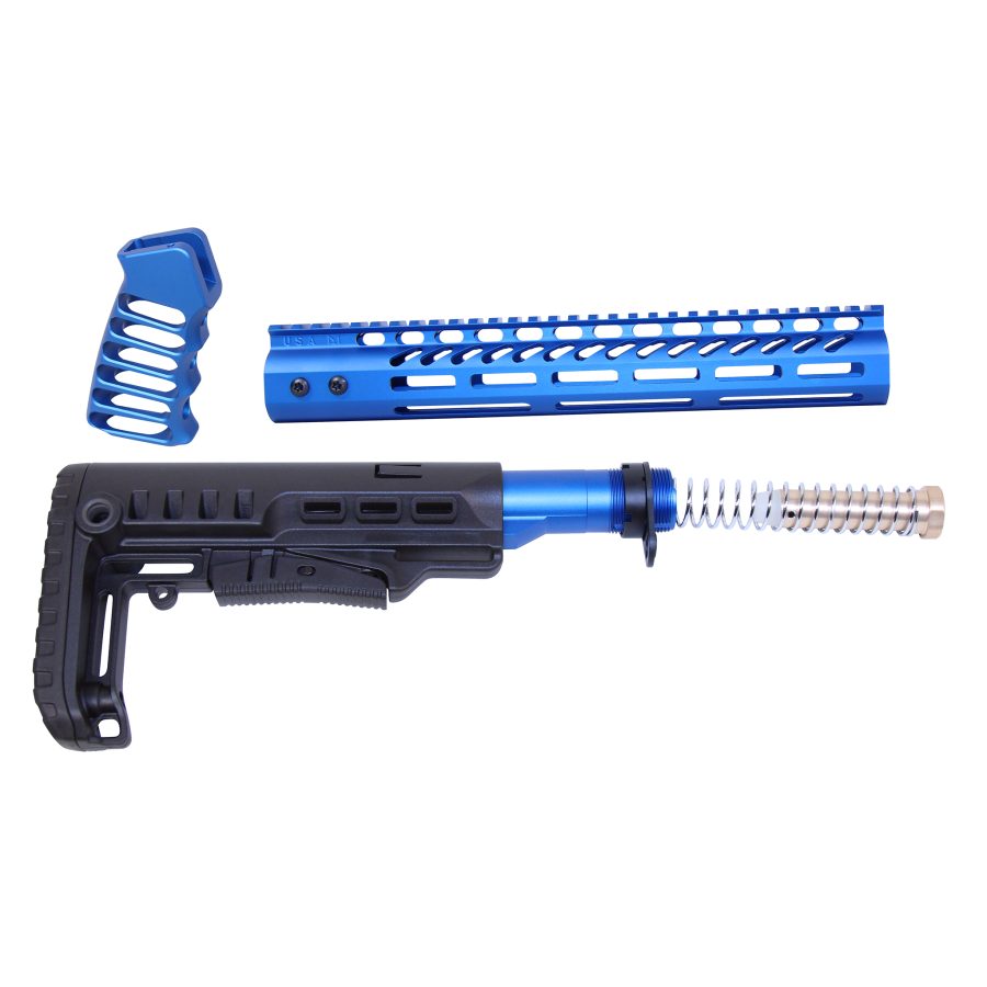 Blue and Black AR-15 Parts: Handguard, Foregrip, Adjustable Stock on White Background.