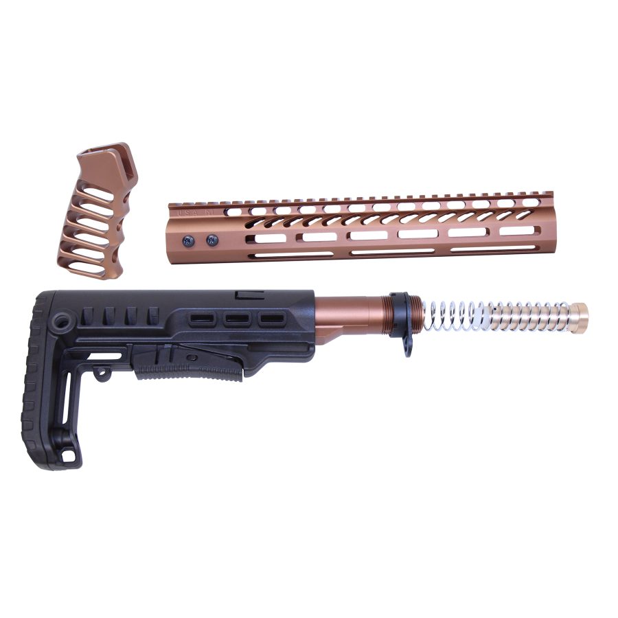 Custom bronze and black rifle parts on white background, including stock, handguard, and grip.