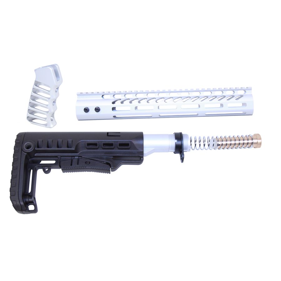 Custom rifle accessory kit with adjustable buttstock, ventilated handguard, and ergonomic grip.