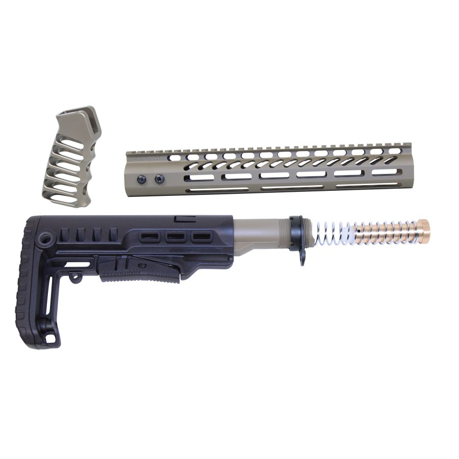 AR rifle accessories: black stock, tan buffer tube, ergonomic grip, Picatinny rail handguard.