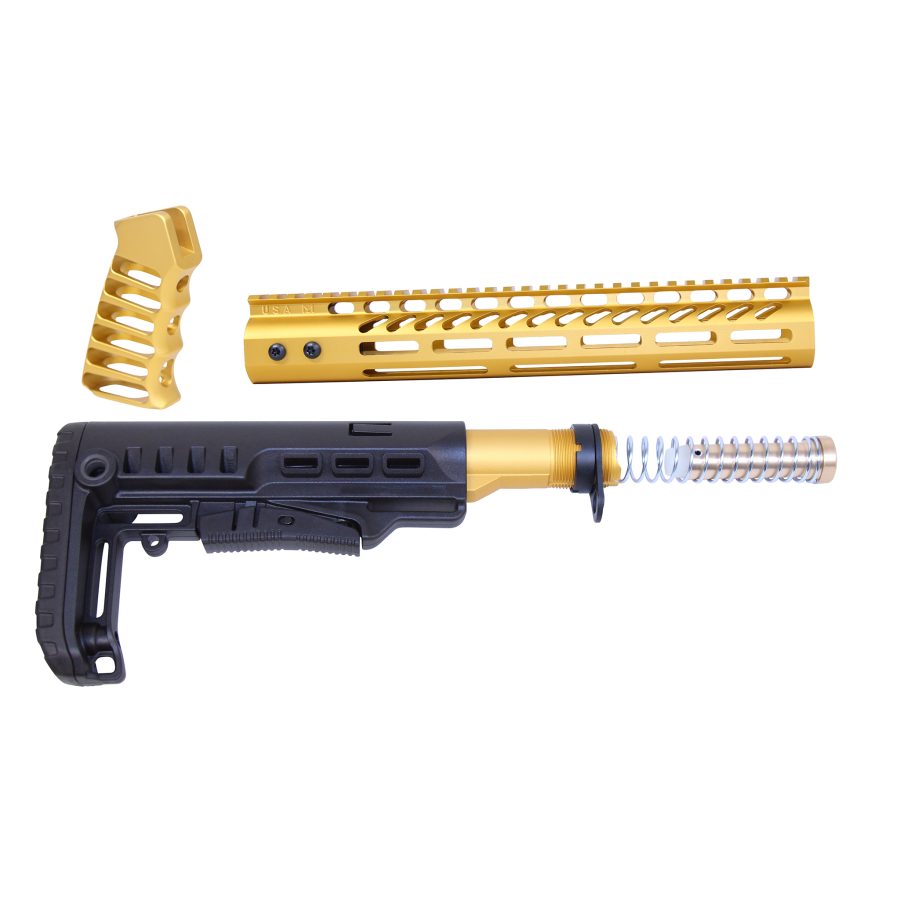 Gold and black AR accessories with ergonomic design and U.S.A. engraved, ideal for customization.