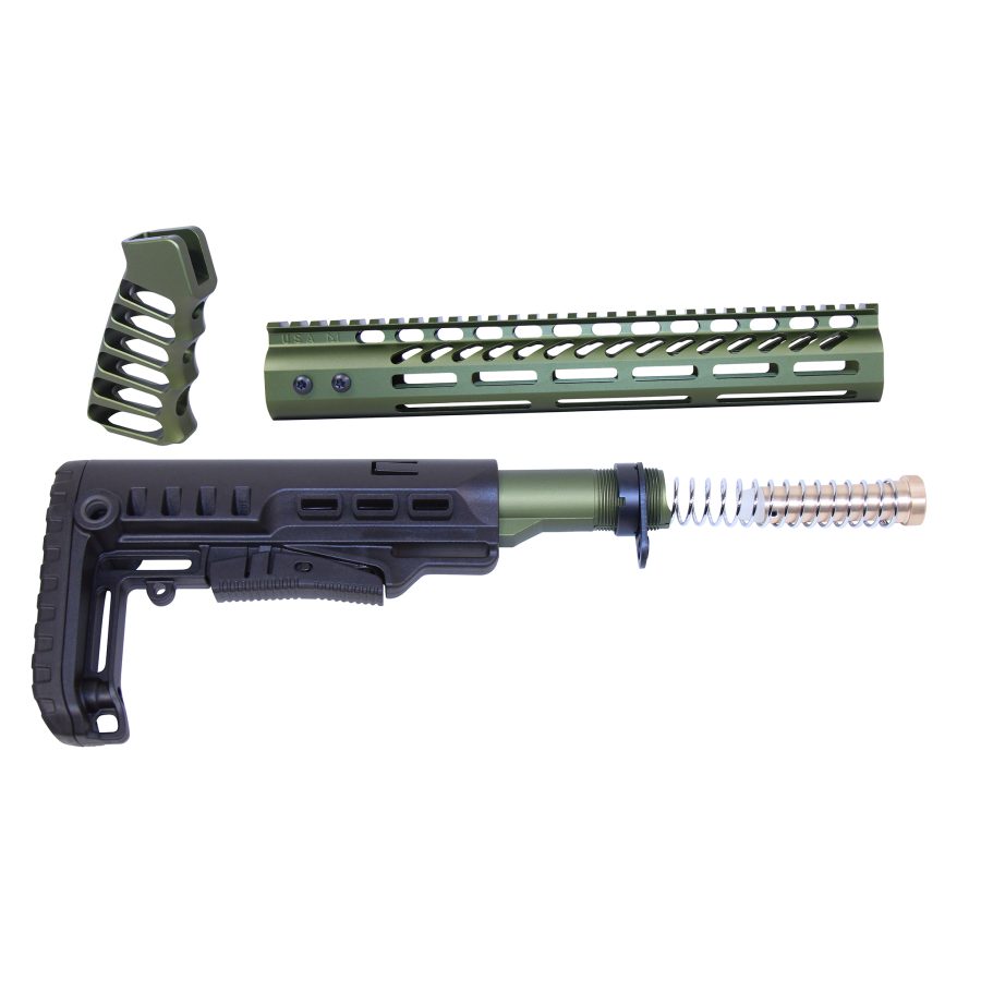 OD green AR-15 upgrade kit: grip, handguard, buttstock, buffer tube with spring.