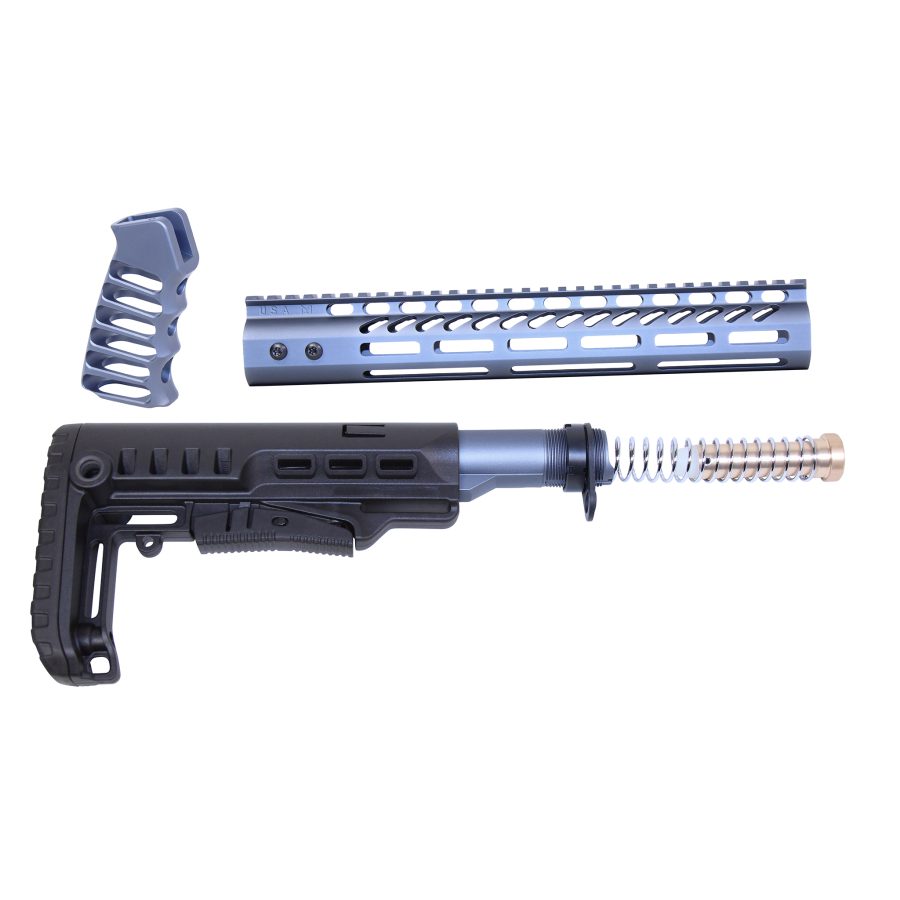Custom AR-15 parts in black and blue-gray for tactical upgrades and performance enhancement.