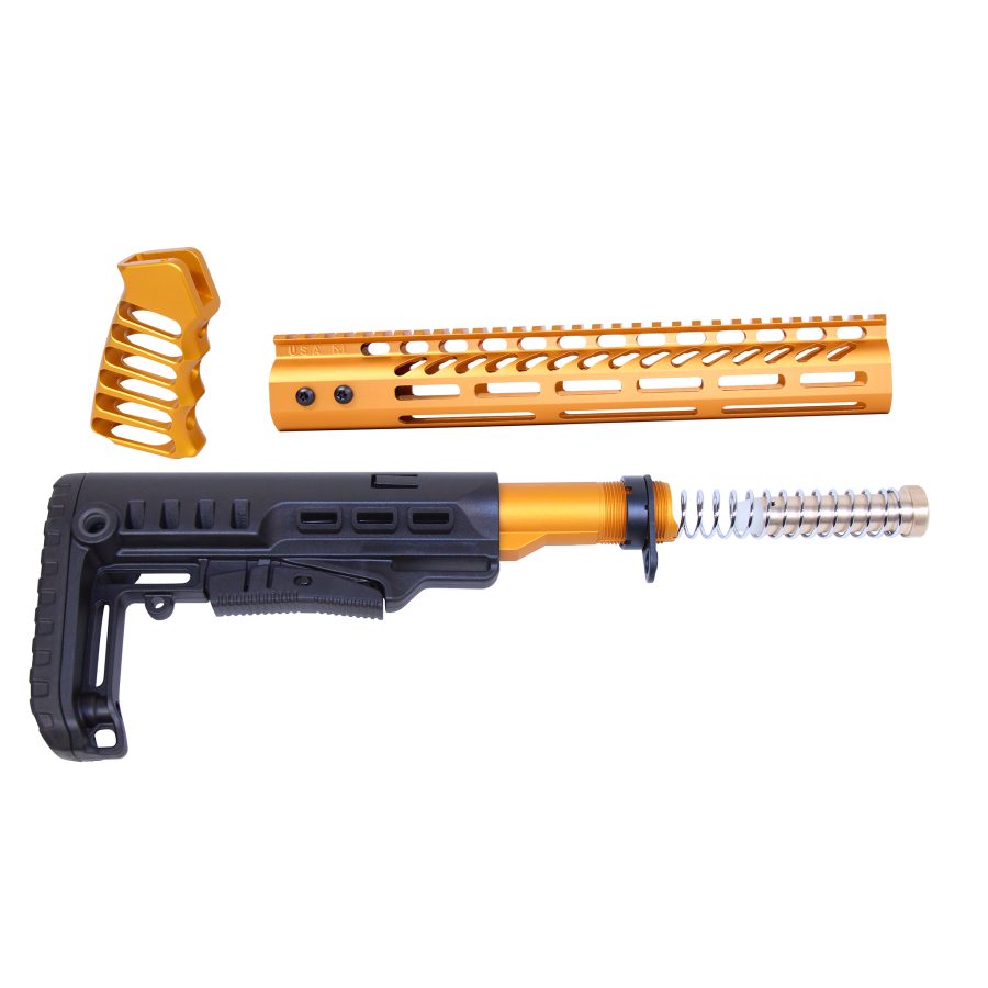 Premium black and gold AR-15 parts: stock, buffer tube, handguard, ergonomic grip.