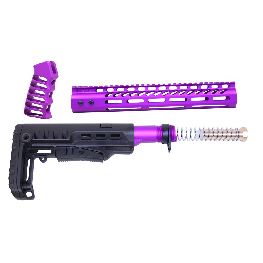 Purple anodized rifle parts with black accents, including grip, handguard, stock, and buffer tube.