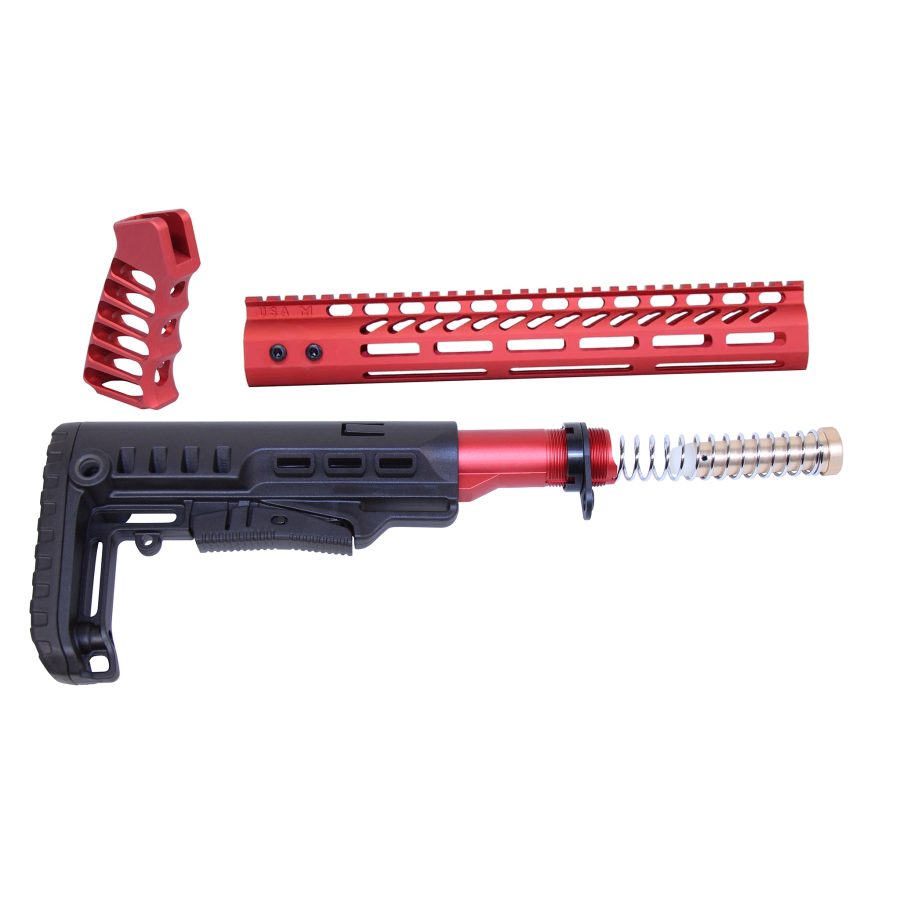 Red anodized rifle accessories: handguard, tactical stock, buffer tube, spring, ergonomic grip.