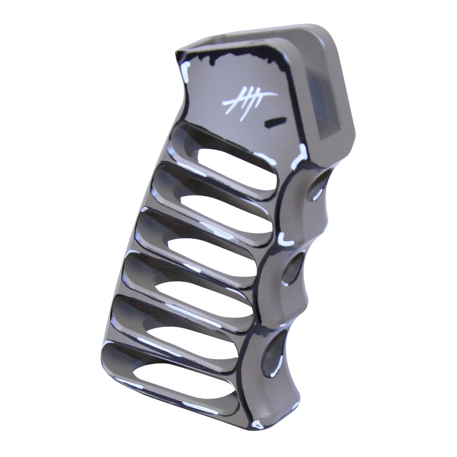 Silver aluminum pistol grip with ergonomic design and logo, combining aesthetics and functionality.