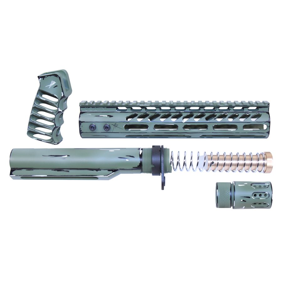 Metallic blue-green custom AR-15 parts: grip, handguard, buffer tube, and muzzle device.
