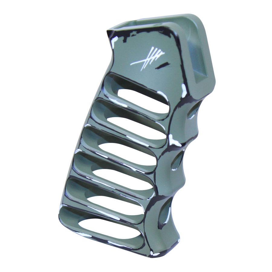 Chrome pistol grip for AR-platform with skeletonized design and ergonomic grooves.