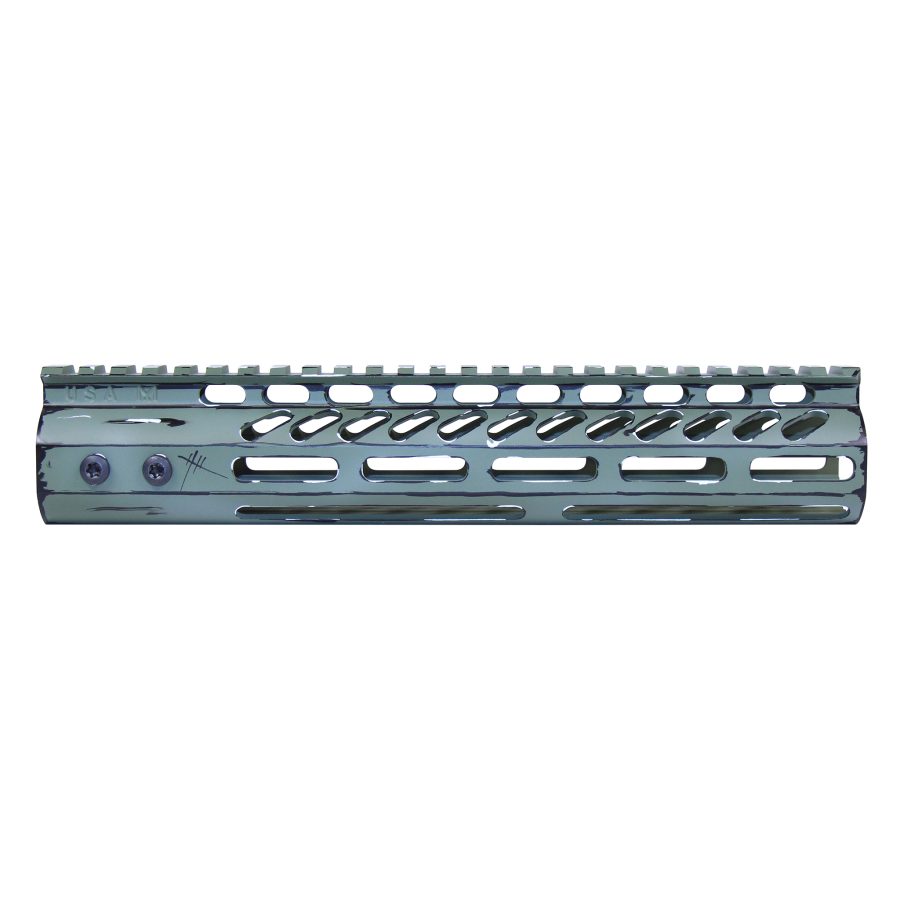 Sleek aluminum handguard with Picatinny rail, M-LOK slots, and diagonal grip cutouts.