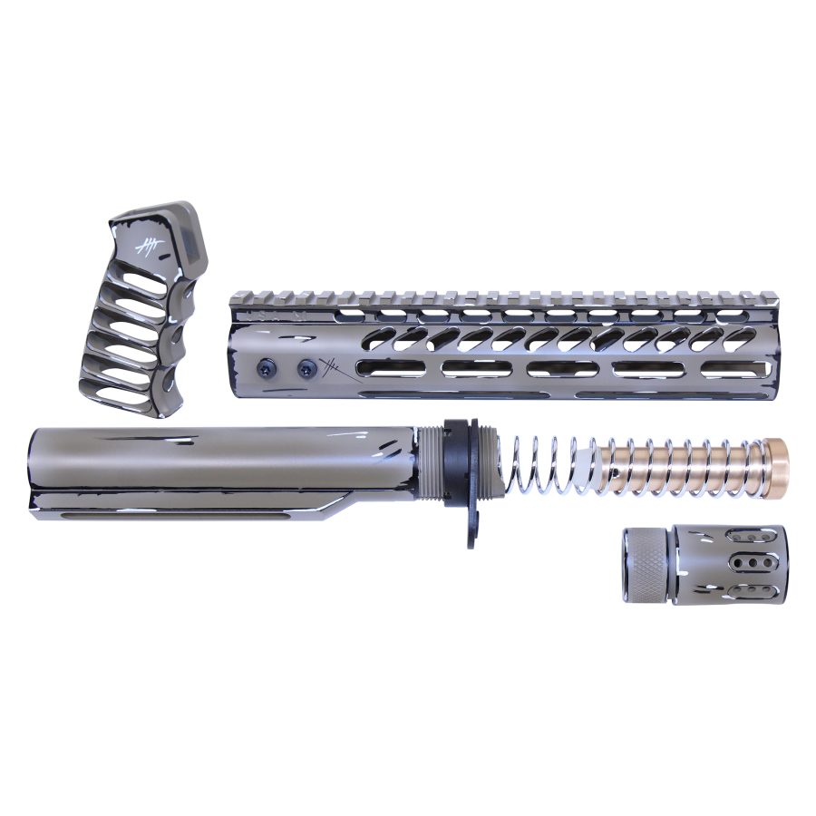 Silver AR-15 accessory kit: grip, handguard, buffer tube, spring, muzzle device, premium finish.